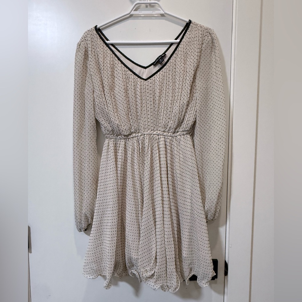 Double Zero Cream Polka Dot Long Sleeve Mini Dress with Black Trim